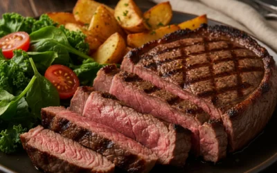 Chuletón a la barbacoa con patatas fritas y pimientos