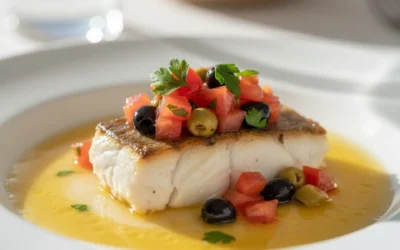 Lubina al horno con una rica vinagreta de calamar